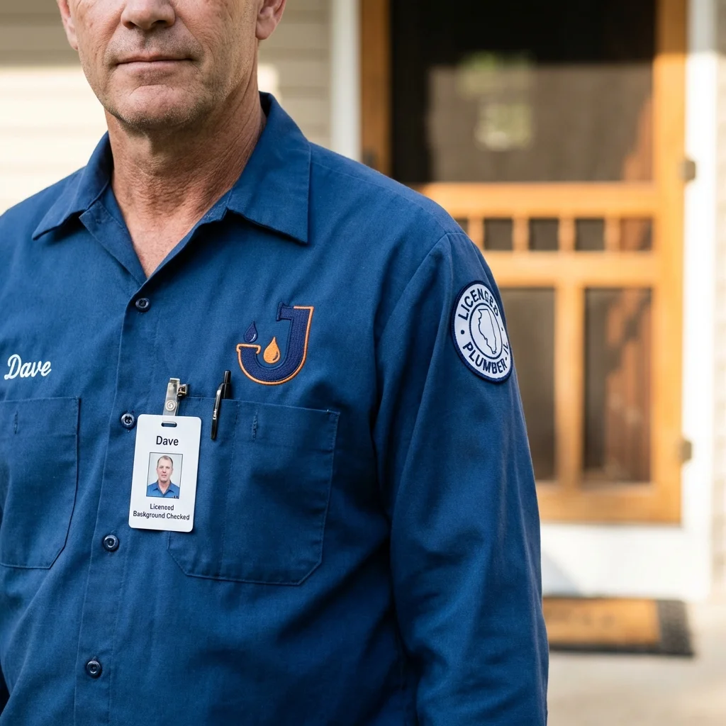 Licensed plumber showing ID badge in Lawrenceville, VA
