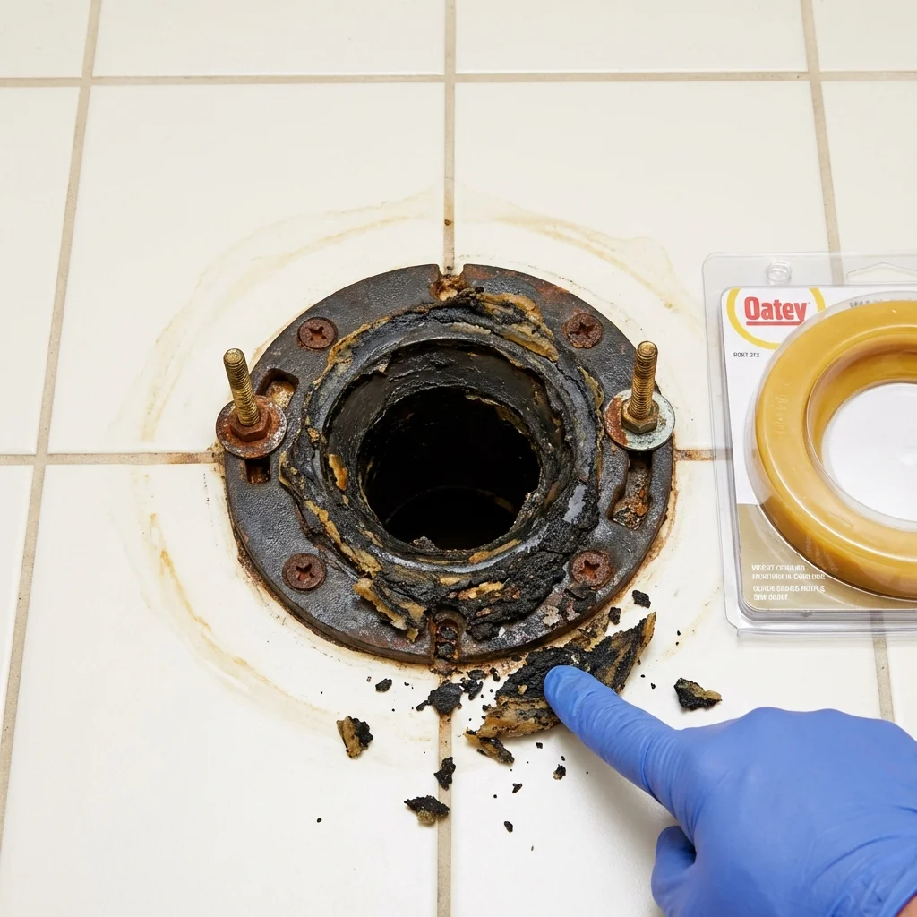 Failed wax ring showing water seepage at the base of a toilet in a Lawrenceville, VA home