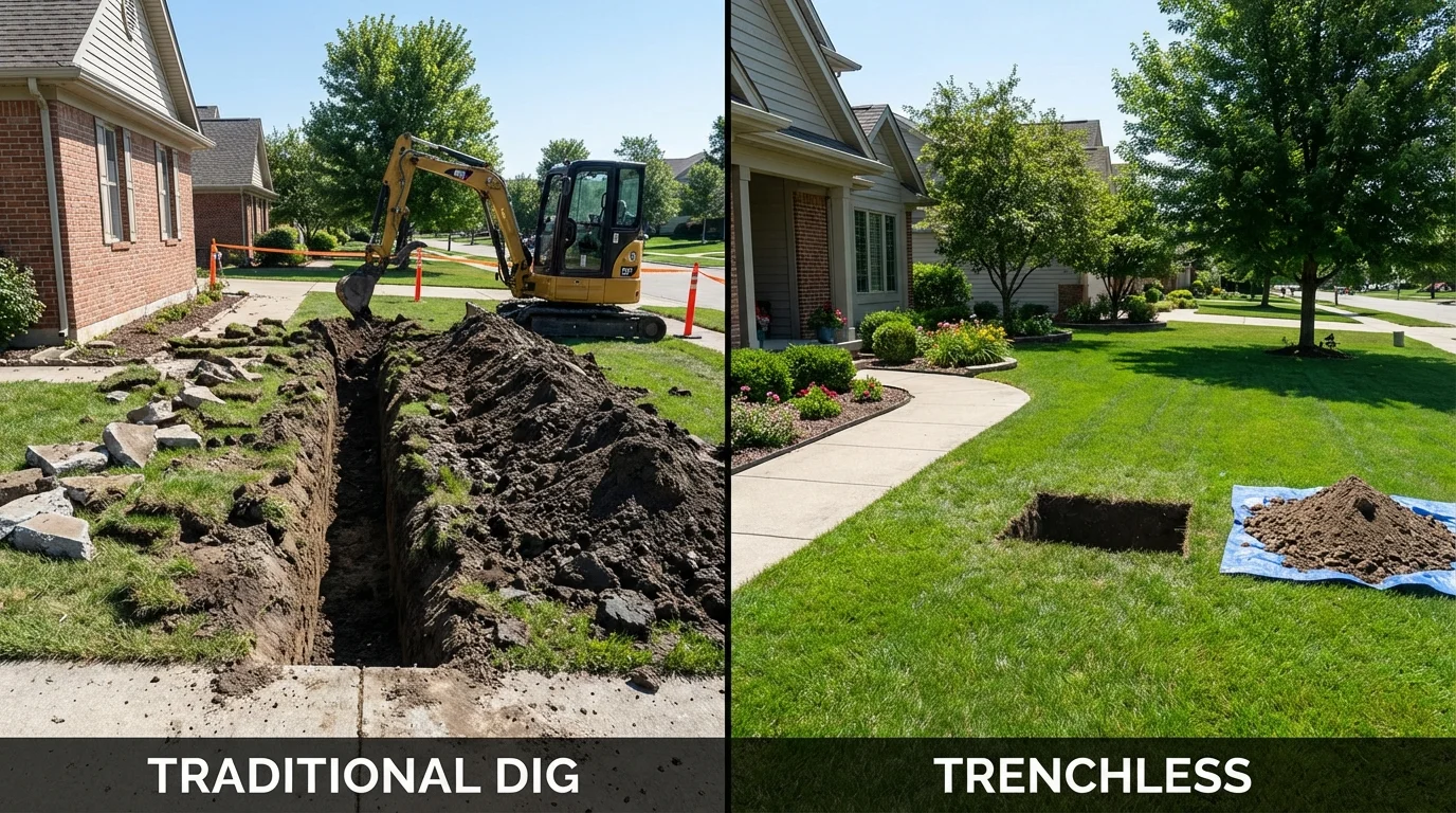 Trenchless sewer repair with minimal yard damage versus traditional excavation in Lawrenceville, VA